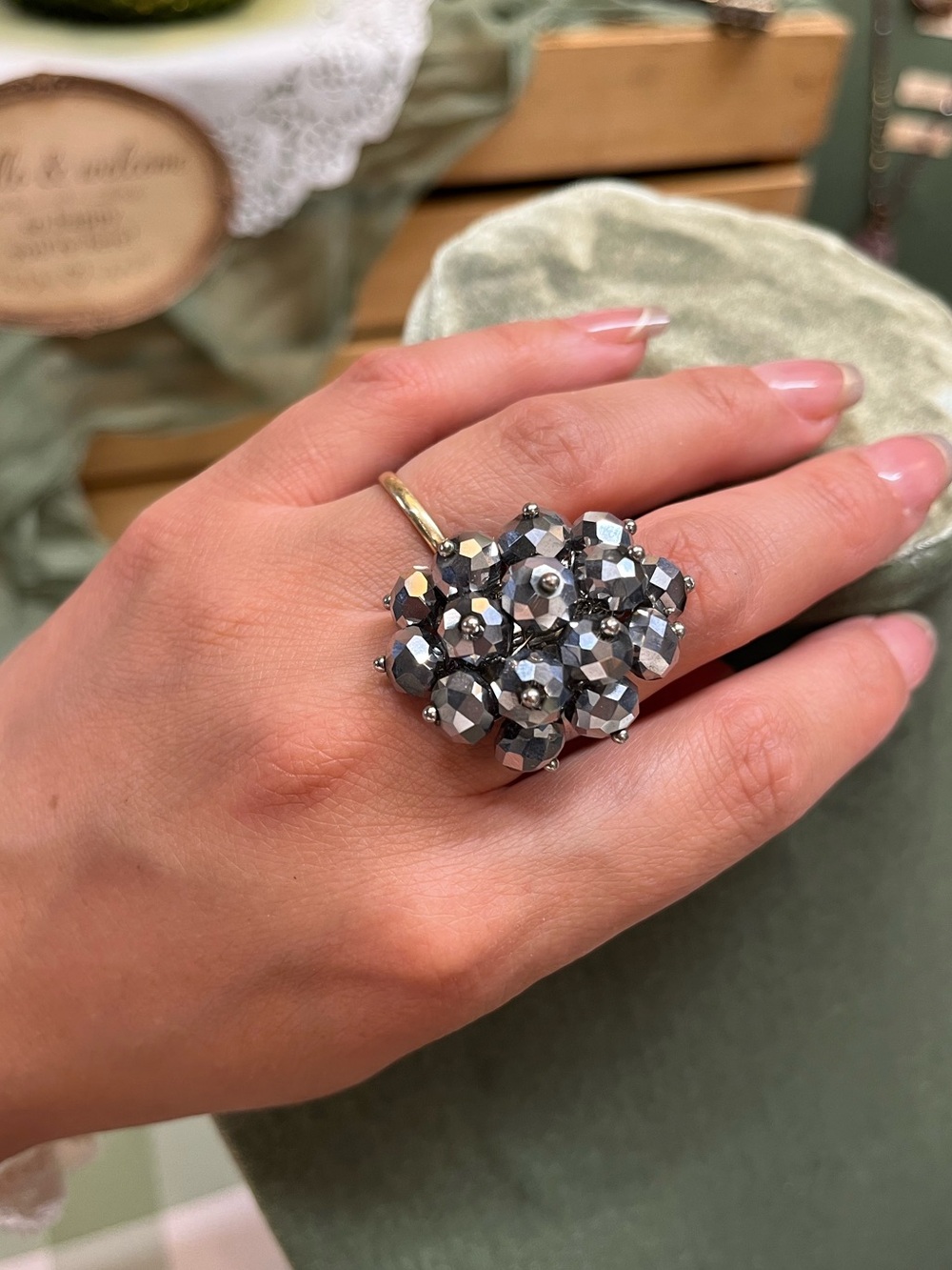 Cluster Silver/Black Metallic Bead Cocktail Ring - Women Jewelry